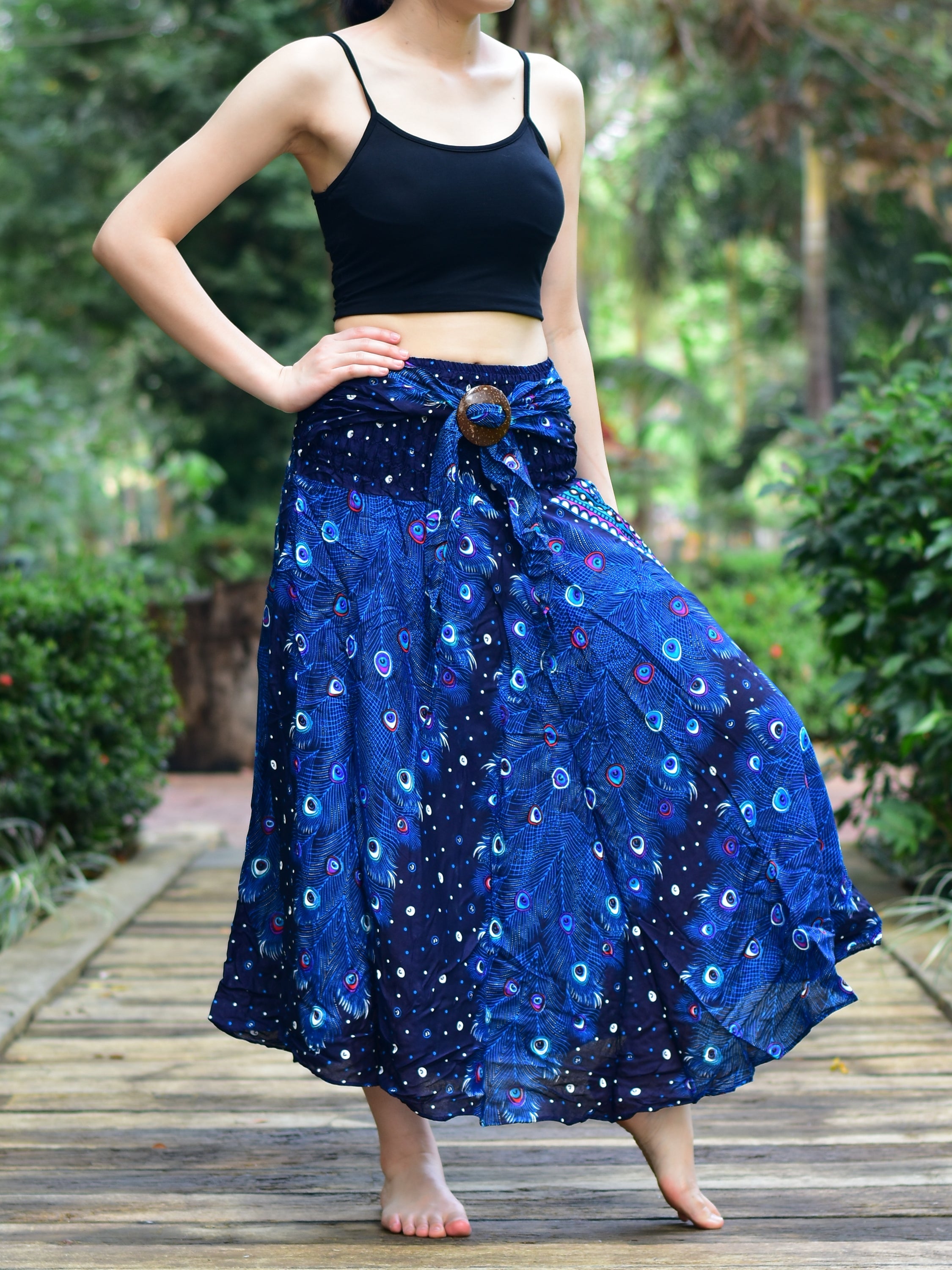 Bohotusk Blue Peacock Long Skirt With Coconut Buckle (& Strapless - Horizon Bliss