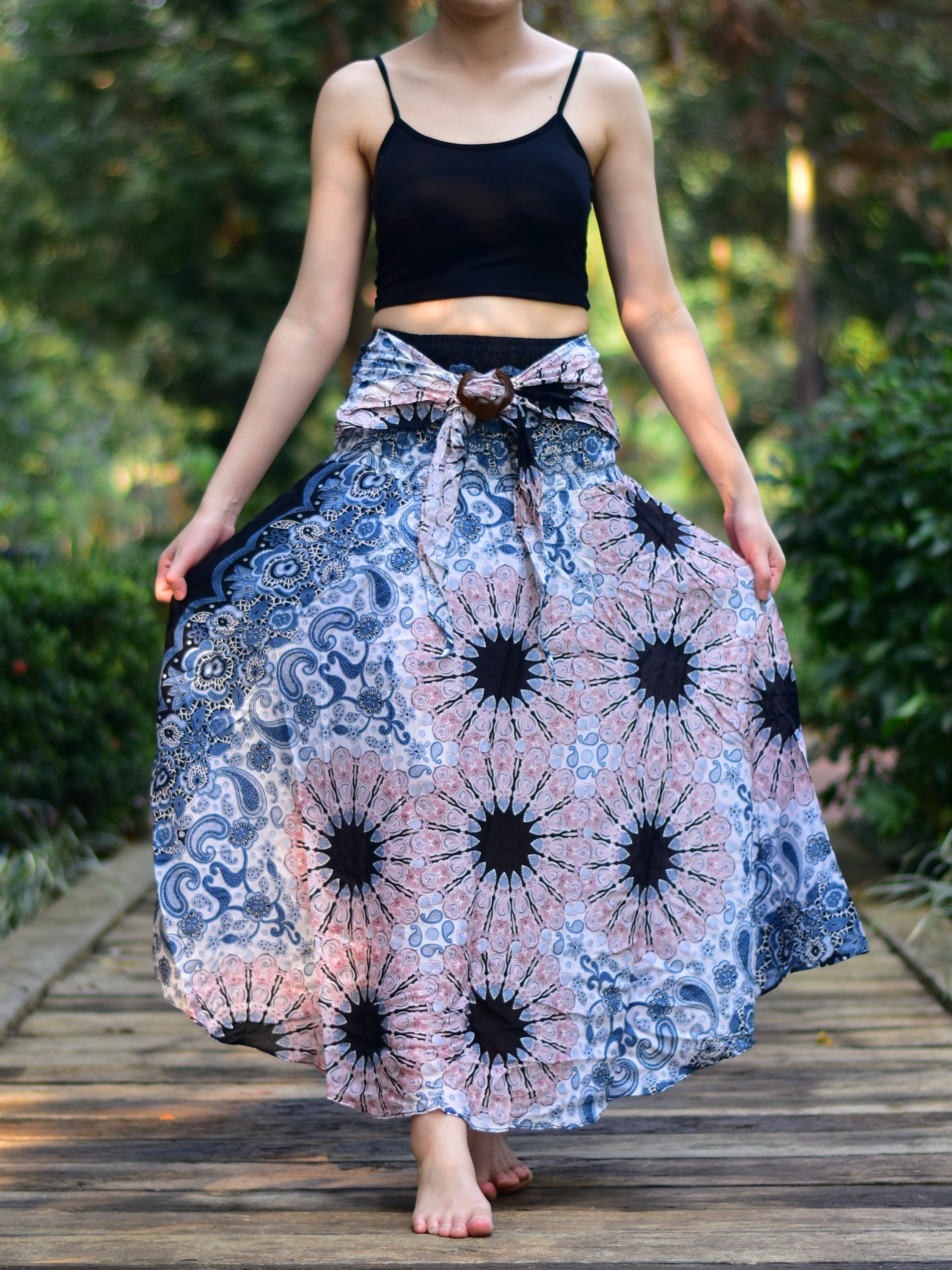 Bohotusk White Pink Ink Splash Long Skirt With Coconut Buckle (& - Horizon Bliss