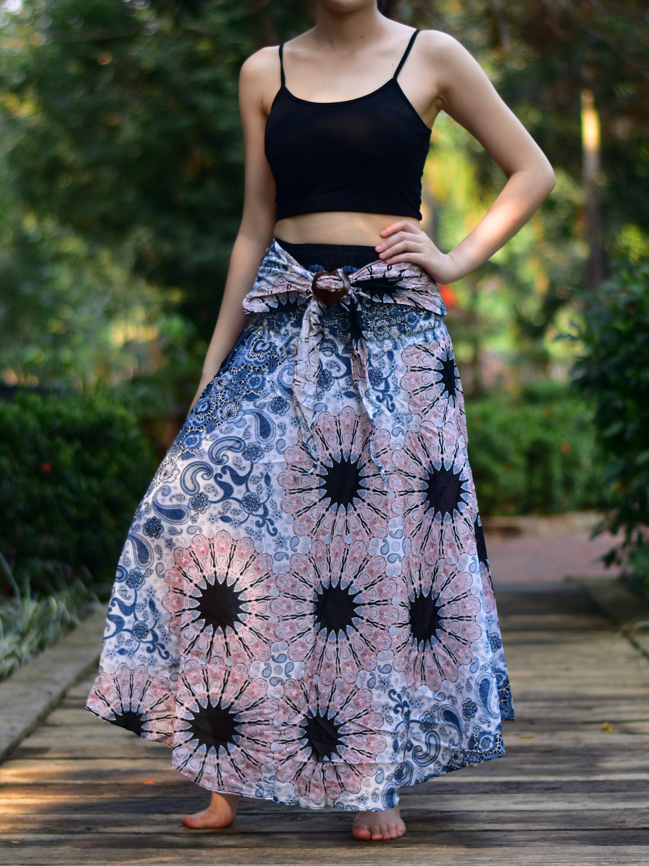 Bohotusk White Pink Ink Splash Long Skirt With Coconut Buckle (& - Horizon Bliss