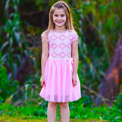 AnnLoren Girls Dress Pink Tulle & Pink Arabesque Party Dress - Horizon Bliss