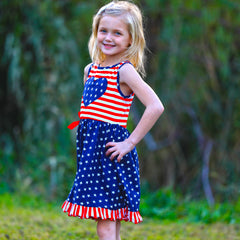 AnnLoren Girls 4th of July Stars & Striped Heart Dress Red White & - Horizon Bliss