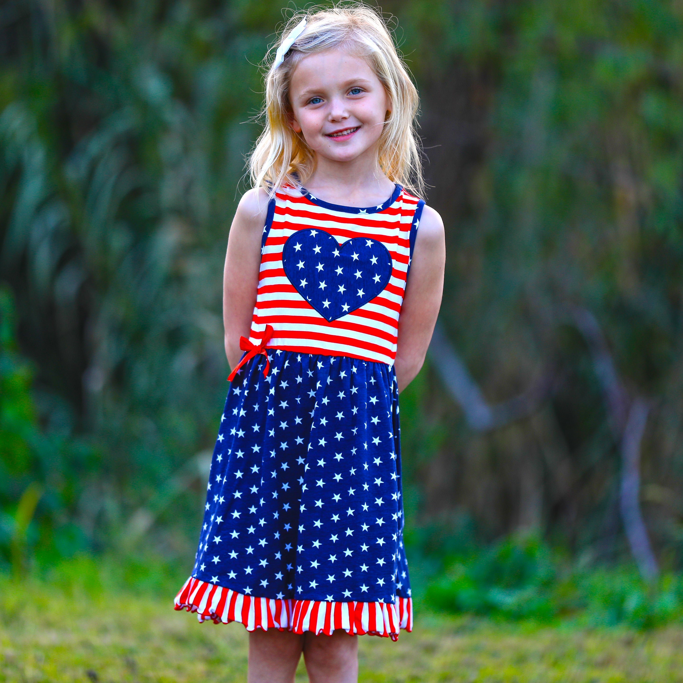 AnnLoren Girls 4th of July Stars & Striped Heart Dress Red White & - Horizon Bliss