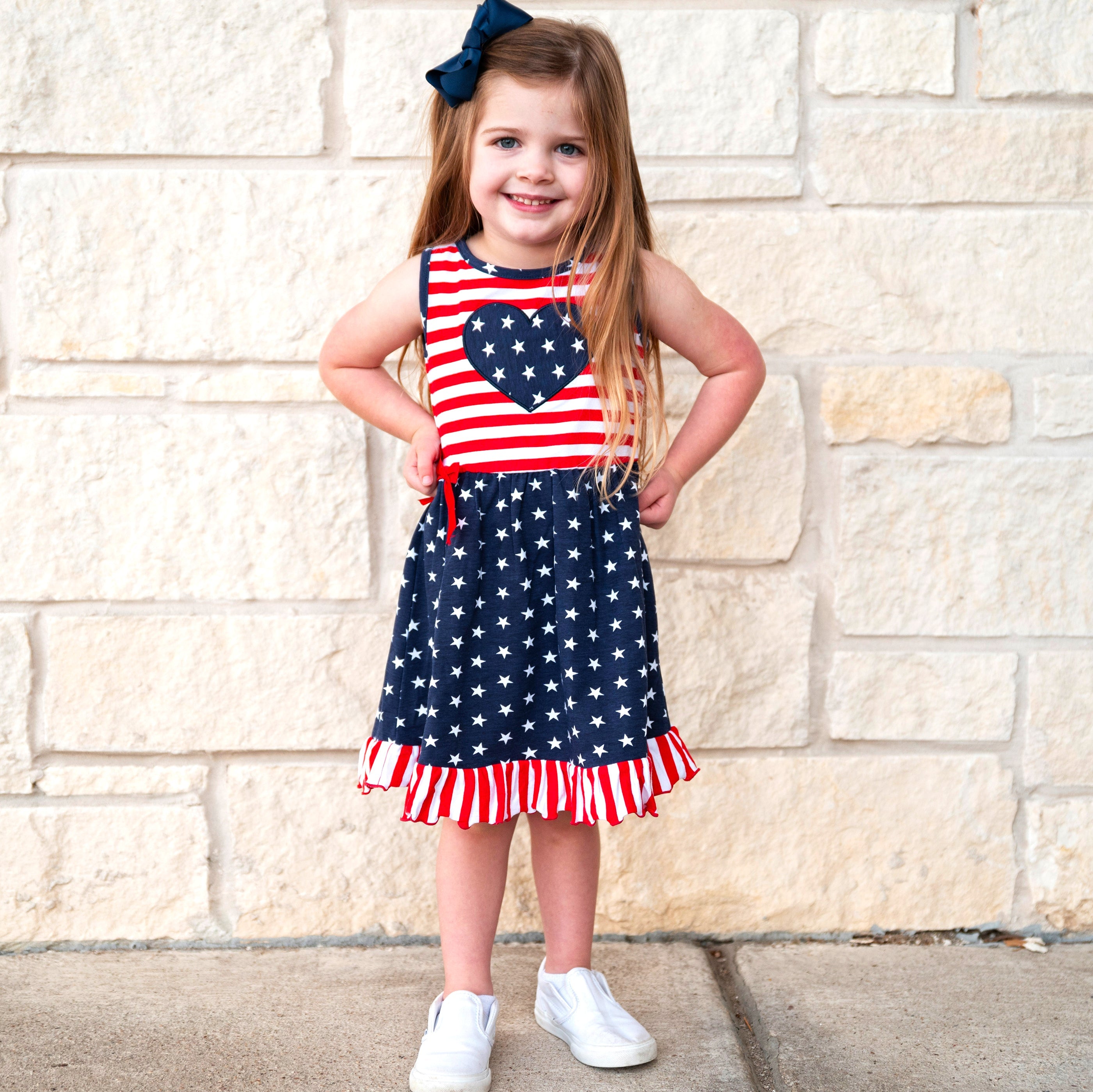 AnnLoren Girls 4th of July Stars & Striped Heart Dress Red White & - Horizon Bliss