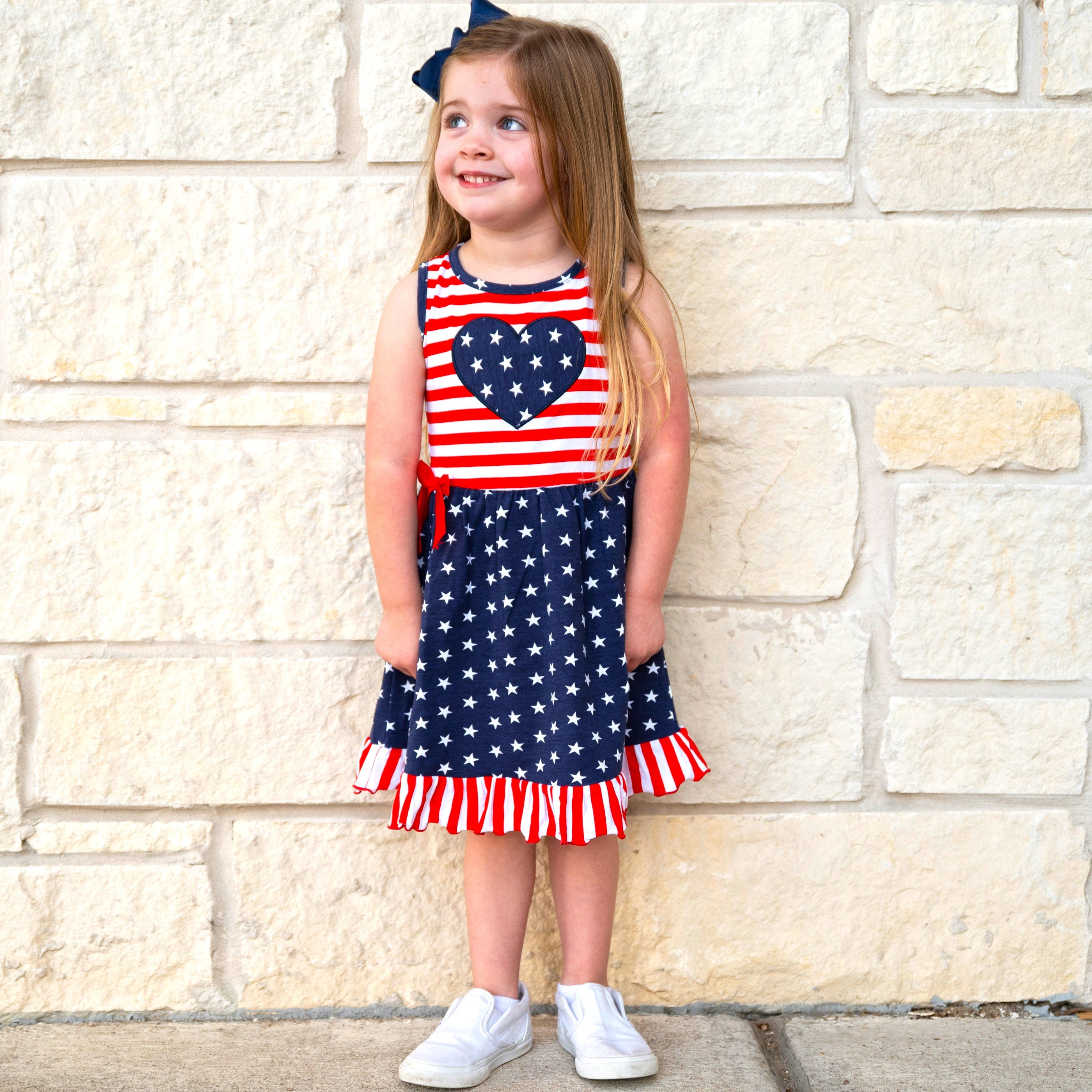 AnnLoren Girls 4th of July Stars & Striped Heart Dress Red White & - Horizon Bliss