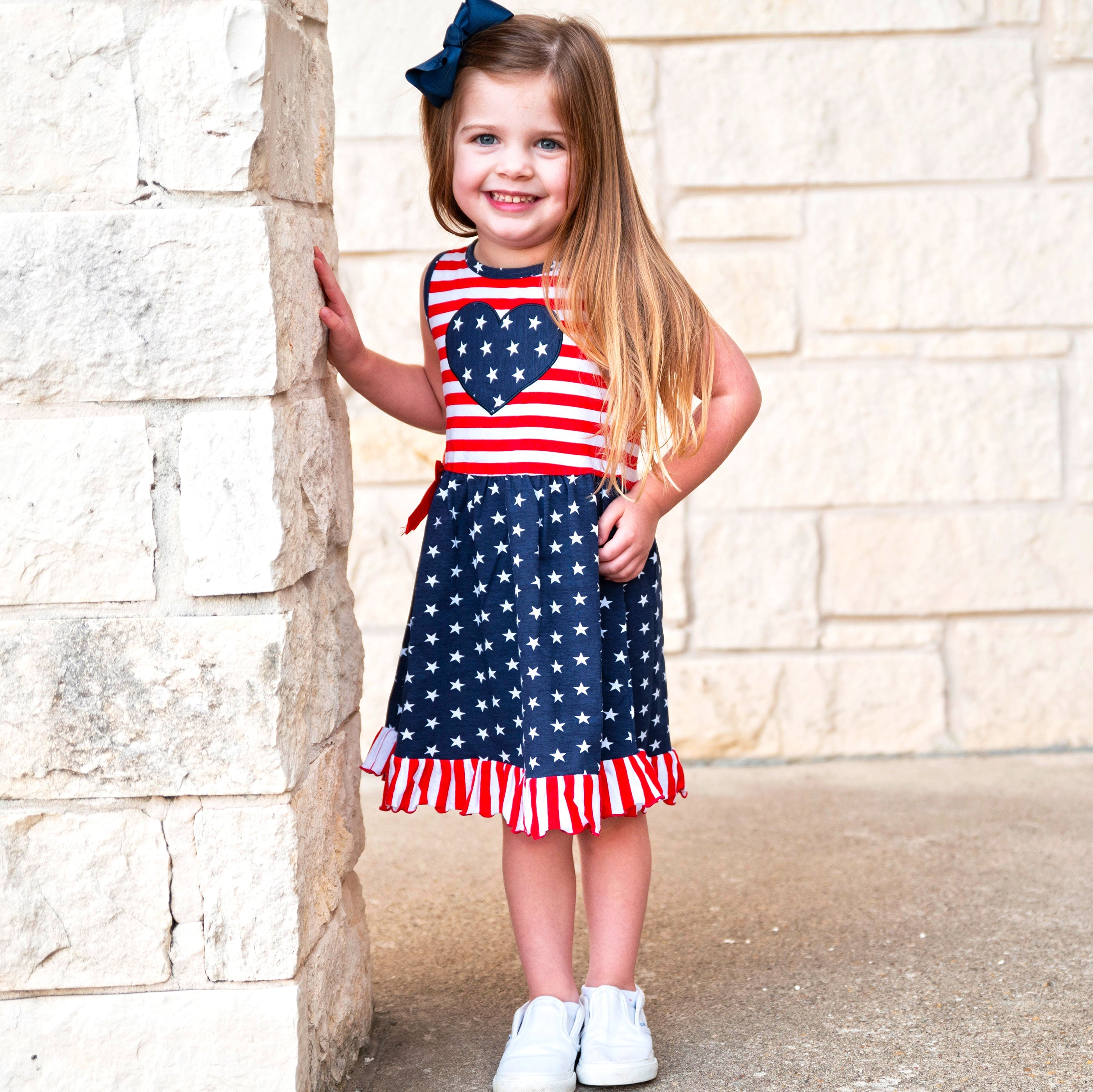 AnnLoren Girls 4th of July Stars & Striped Heart Dress Red White & - Horizon Bliss