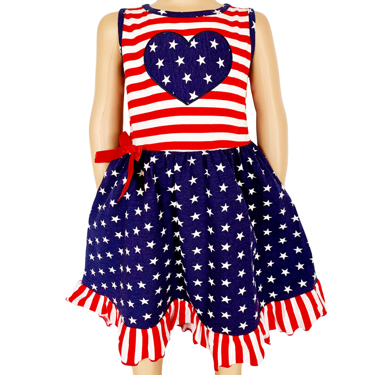 AnnLoren Girls 4th of July Stars & Striped Heart Dress Red White & - Horizon Bliss