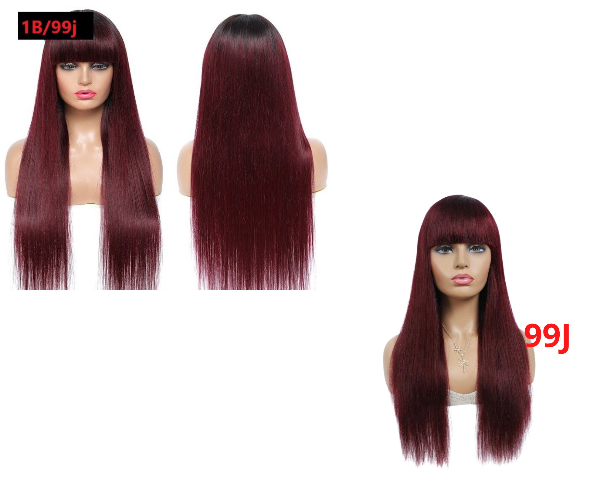 #1B/99J Brazilian Straight Human Hair Wigs with Bangs #99J No Glue Wig - Horizon Bliss