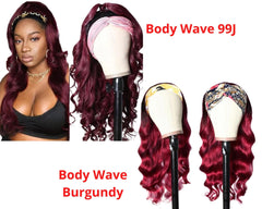 Burgundy Headband Body Wave Human Hair Wig #99J  Scarf Wig No GLUE Eas - Horizon Bliss