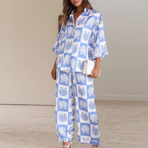 V Neck Button Shirt And Pants Print Set - Horizon Bliss