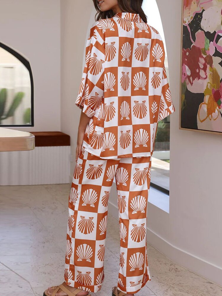 V Neck Button Shirt And Pants Print Set - Horizon Bliss