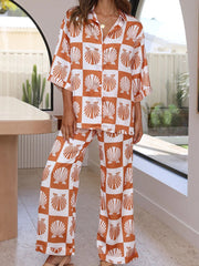 V Neck Button Shirt And Pants Print Set - Horizon Bliss