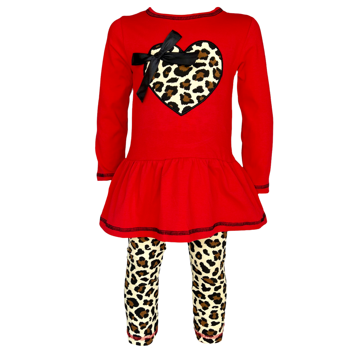 AnnLoren Girls Winter Leopard Heart Holiday Dress Tunic & Leggings Set - Horizon Bliss