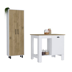 Arlington 2 Piece Kitchen Set, Kitchen Island + Pantry Cabinet, White - Horizon Bliss