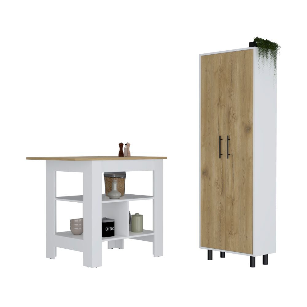 Bowie 2 Piece Kitchen Set, Kitchen Island + Pantry Cabinet, White / - Horizon Bliss