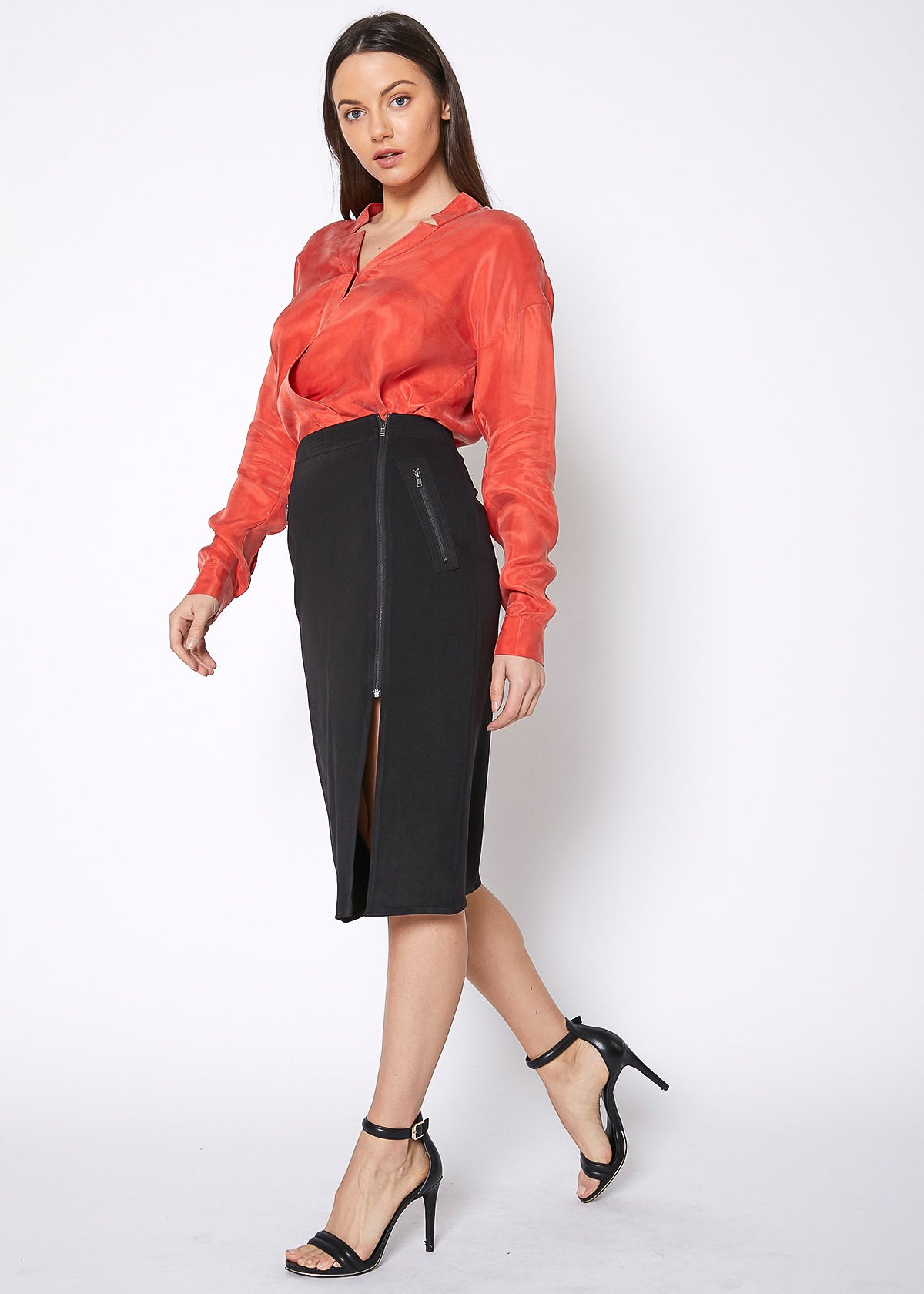 Women's Zip Up Slit Hem Midi Skirt - Horizon Bliss