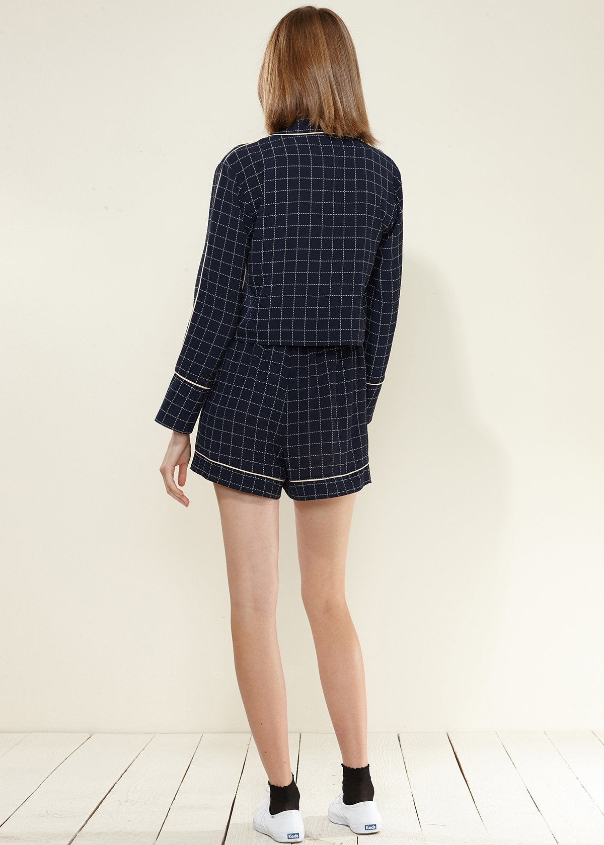 Women's Grid Print High Shorts in Navy Plaid - Horizon Bliss