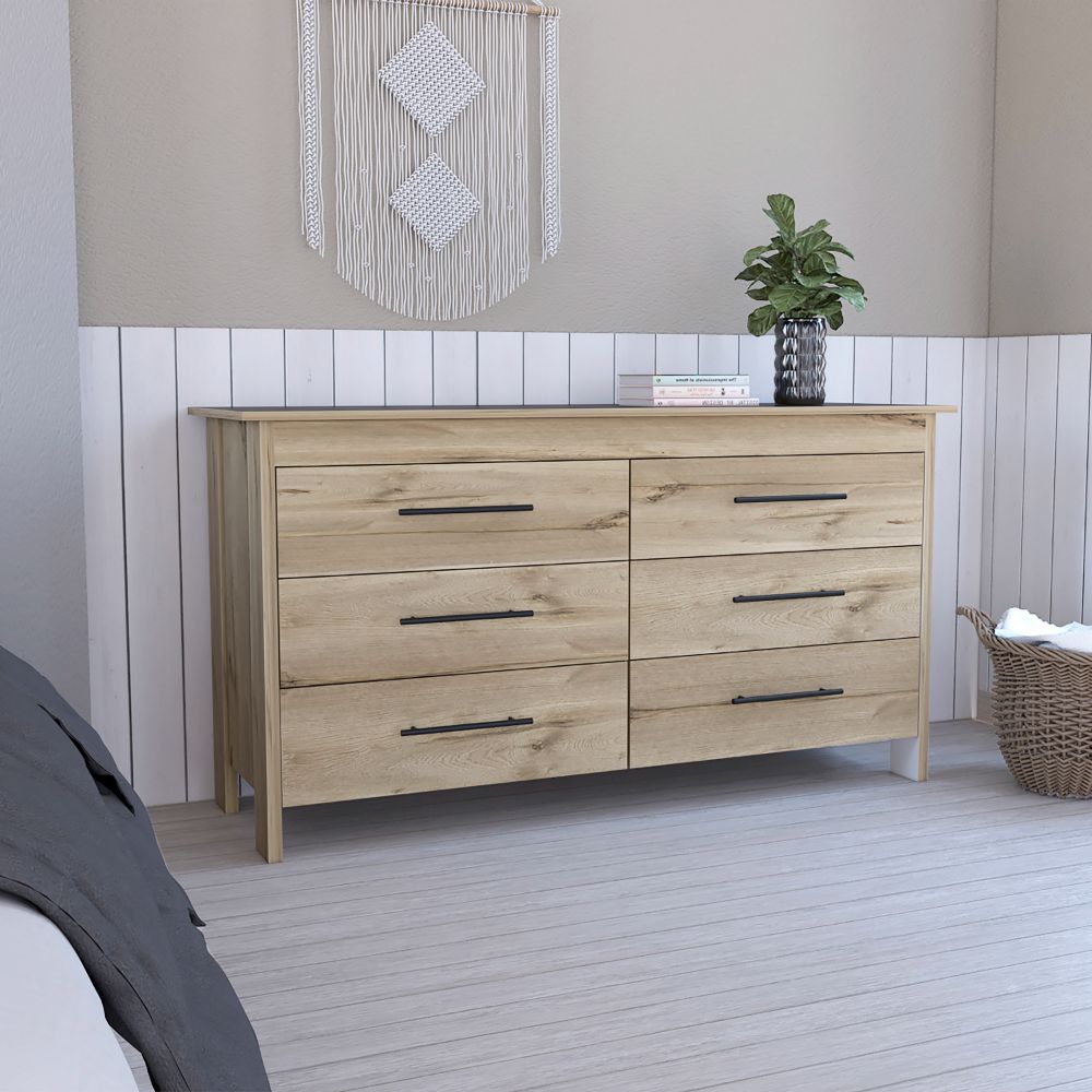 6 Drawer Double Dresser Wezz, Four Legs, Superior Top, Light Oak / - Horizon Bliss