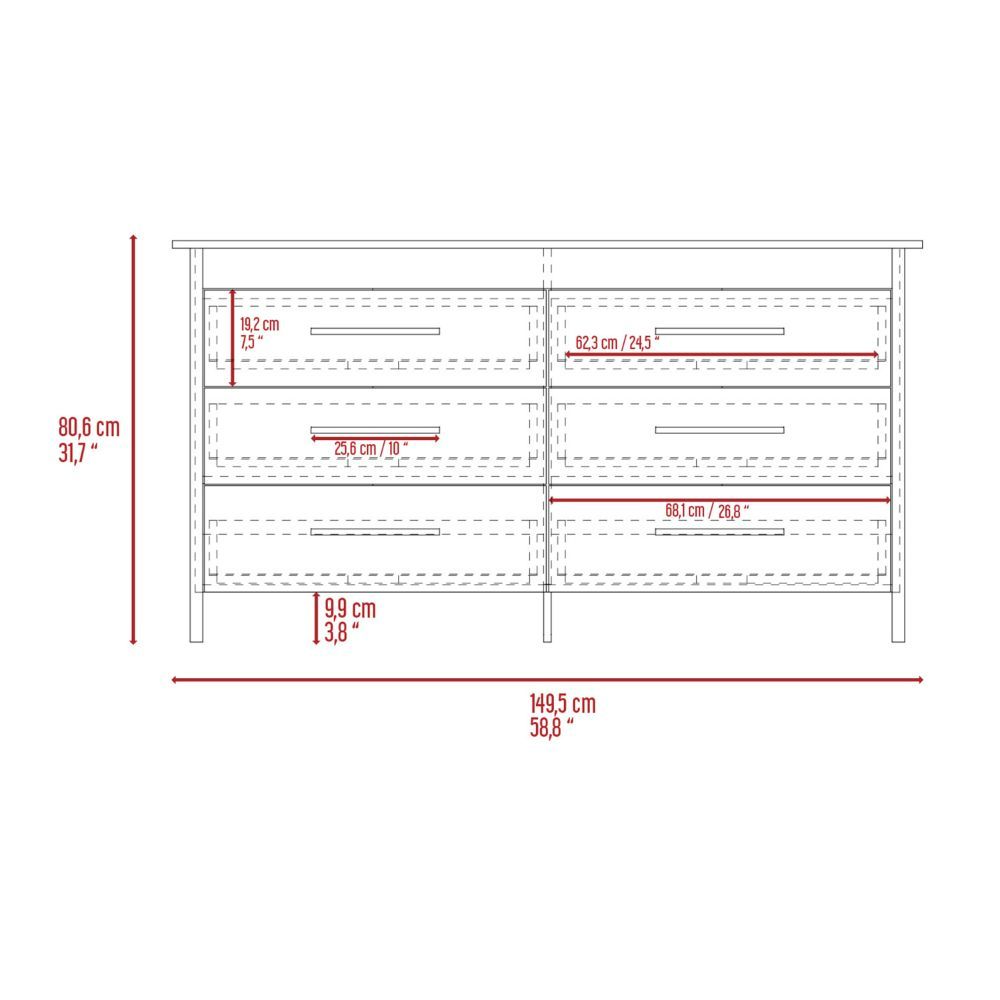 6 Drawer Double Dresser Wezz, Four Legs, Superior Top, Light Oak / - Horizon Bliss