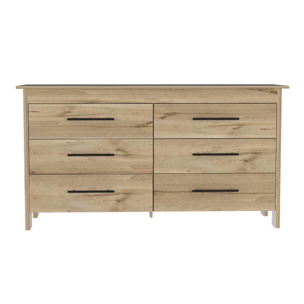 6 Drawer Double Dresser Wezz, Four Legs, Superior Top, Light Oak / - Horizon Bliss