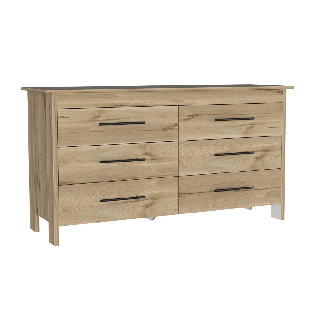 6 Drawer Double Dresser Wezz, Four Legs, Superior Top, Light Oak / - Horizon Bliss