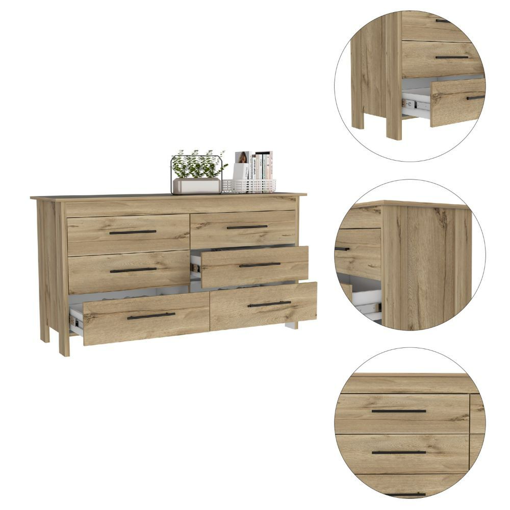 6 Drawer Double Dresser Wezz, Four Legs, Superior Top, Light Oak / - Horizon Bliss