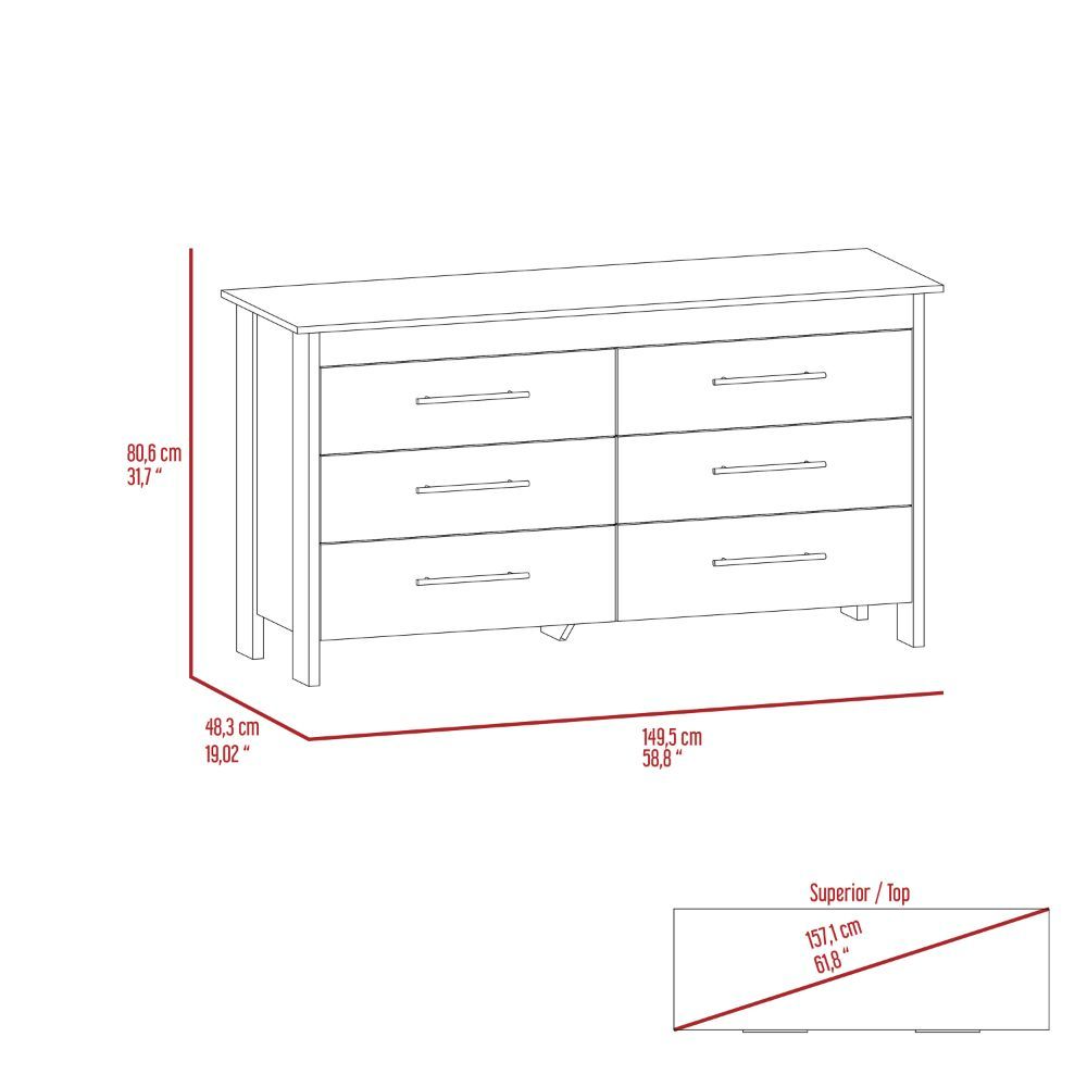 6 Drawer Double Dresser Wezz, Four Legs, Superior Top, Light Oak / - Horizon Bliss