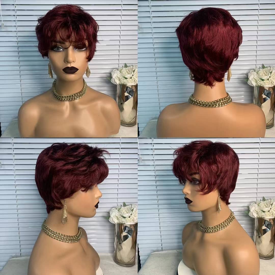 6inch #Burg Pixie Short Cut 100% Straight Human Hair Wig with Bangs Br - Horizon Bliss