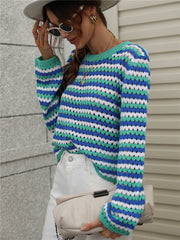 Casual Blue Striped Hollow Out Sweaters - Horizon Bliss