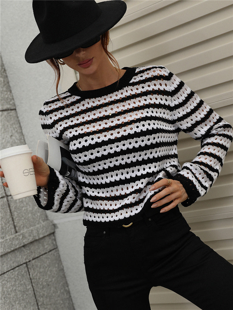 Casual Blue Striped Hollow Out Sweaters - Horizon Bliss