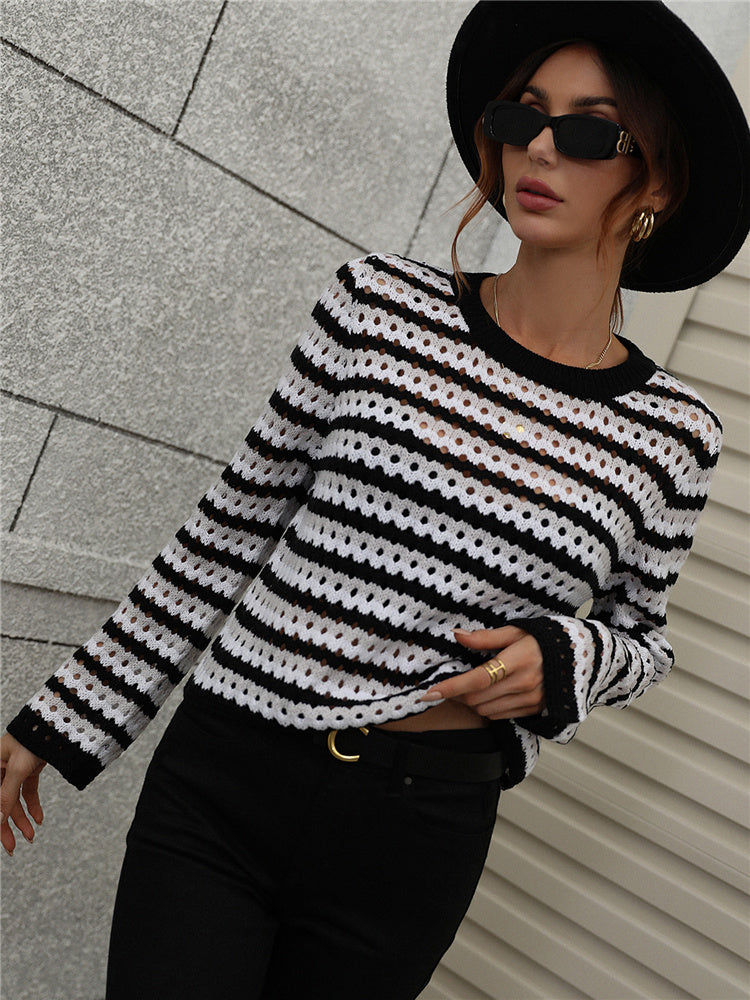 Casual Blue Striped Hollow Out Sweaters - Horizon Bliss