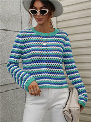 Casual Blue Striped Hollow Out Sweaters - Horizon Bliss