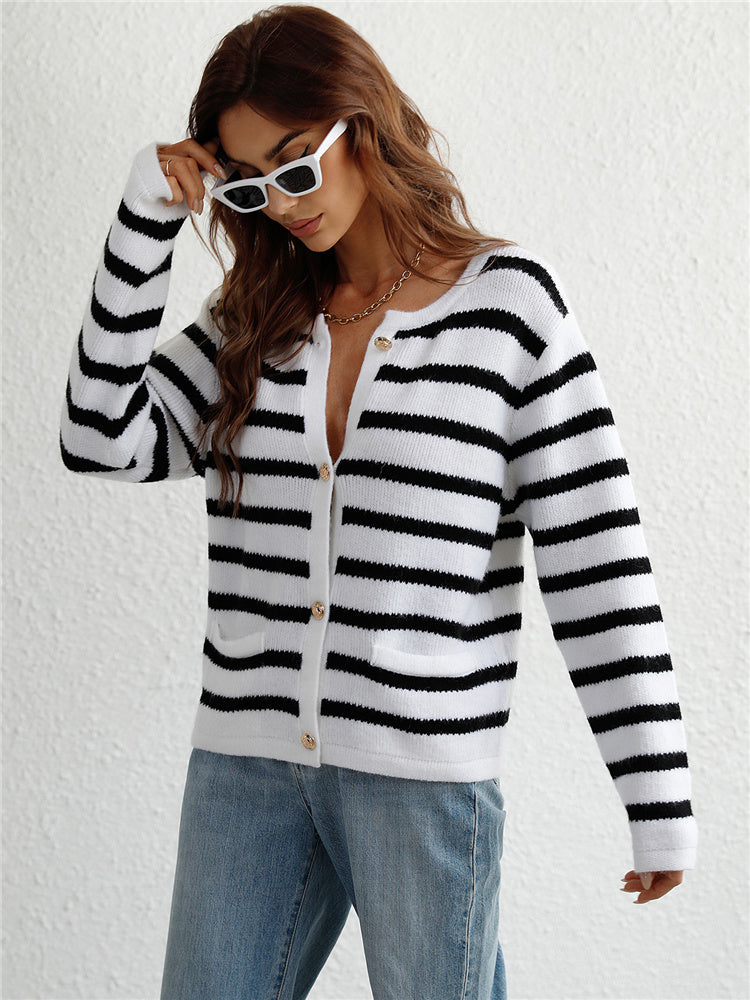 Black-White Striped Knit Cardigan Basic Knitwear - Horizon Bliss