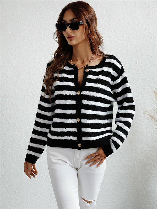 Black-White Striped Knit Cardigan Basic Knitwear - Horizon Bliss