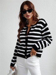 Black-White Striped Knit Cardigan Basic Knitwear - Horizon Bliss