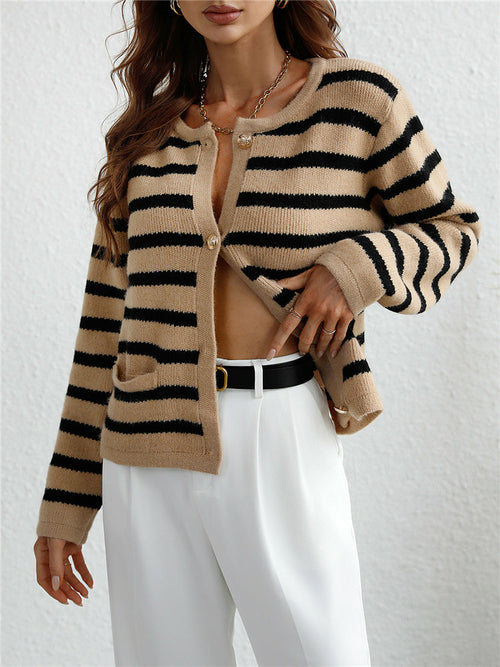 Black-White Striped Knit Cardigan Basic Knitwear - Horizon Bliss