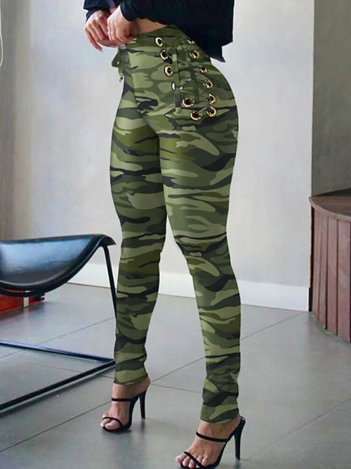 Camouflage Print Long Trouser High Waist Side Eyelet Tie Leggings - Horizon Bliss