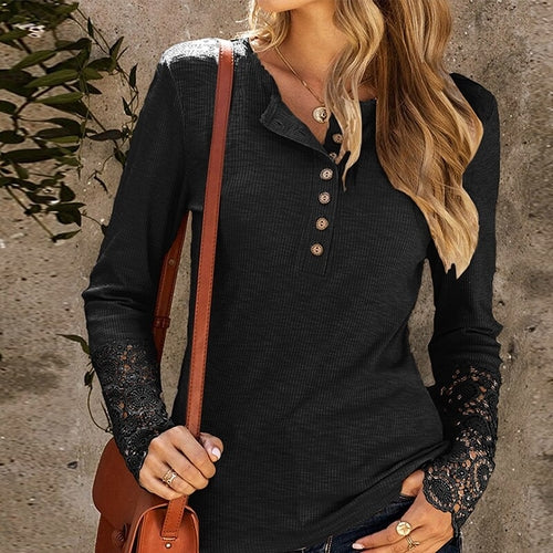 Long Sleeve Ribbed Shirt Top Fashion Patchwork Lace Long Sleeve Slim - Horizon Bliss