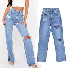 Women Sexy Ripped Denim Jeans Hipster Straight Split High Waist Loose - Horizon Bliss