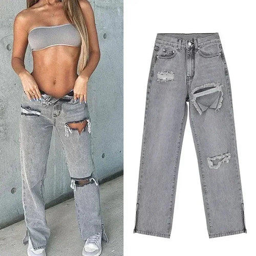 Women Sexy Ripped Denim Jeans Hipster Straight Split High Waist Loose - Horizon Bliss