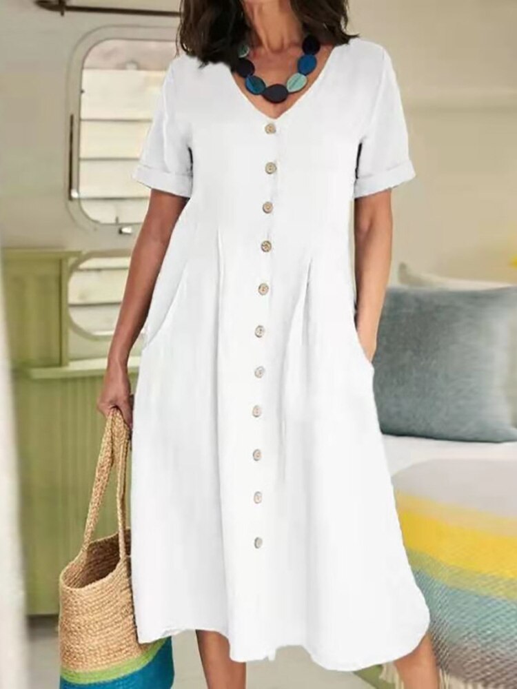 Cotton Linen Single-Breasted Party Dress - Horizon Bliss