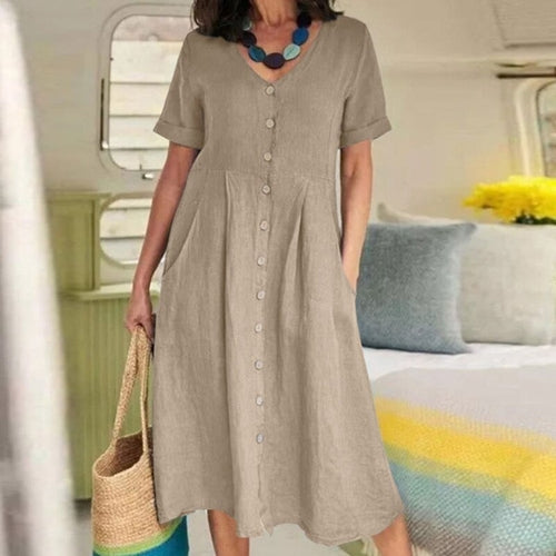 Cotton Linen Single-Breasted Party Dress - Horizon Bliss