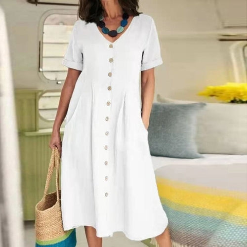 Cotton Linen Single-Breasted Party Dress - Horizon Bliss