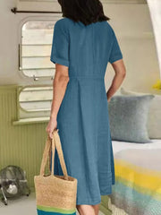 Cotton Linen Single-Breasted Party Dress - Horizon Bliss