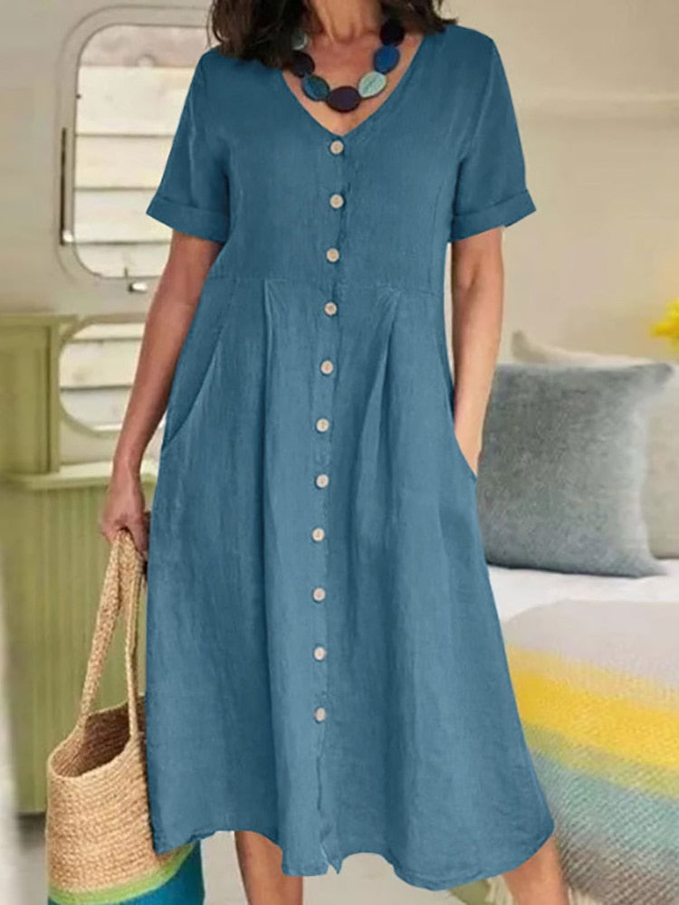 Cotton Linen Single-Breasted Party Dress - Horizon Bliss