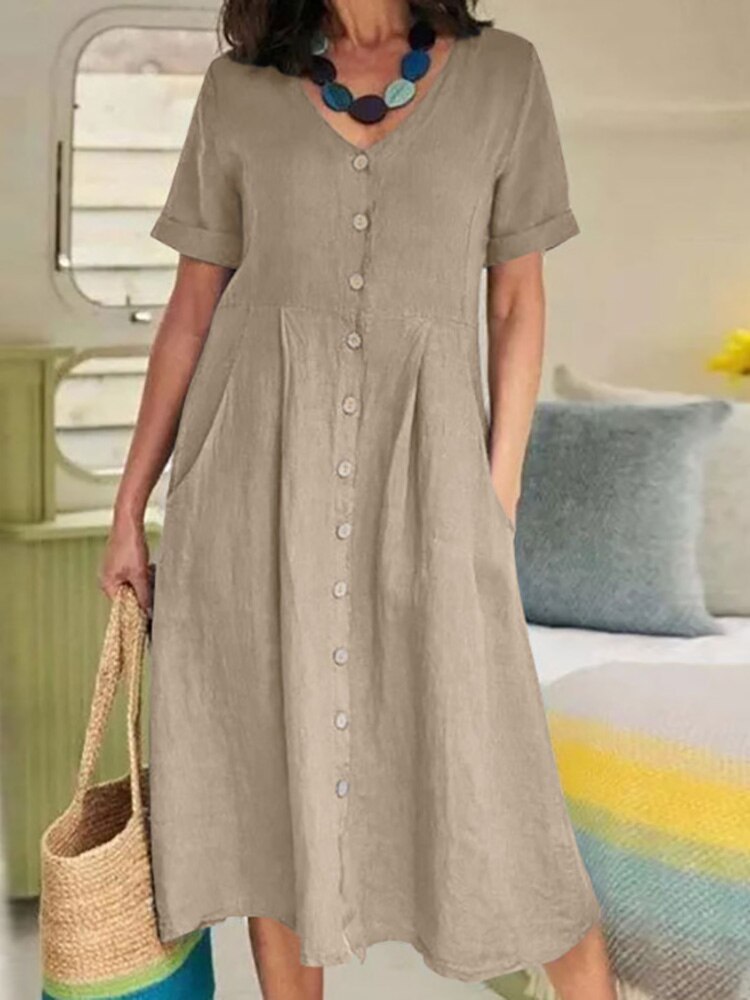 Cotton Linen Single-Breasted Party Dress - Horizon Bliss