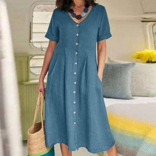 Cotton Linen Single-Breasted Party Dress - Horizon Bliss