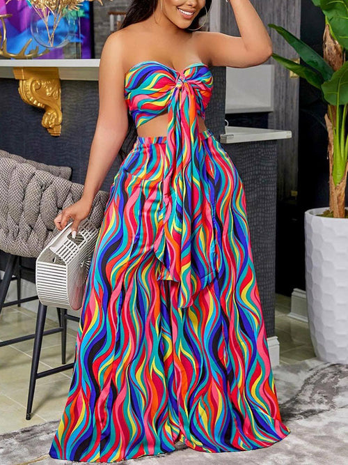 Wave Striped Dress Suits Tie Front Tube Top Wide Leg Loose Pants Set - Horizon Bliss