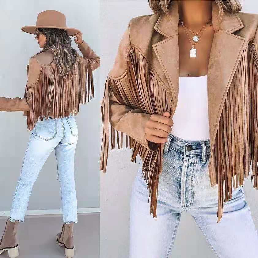 Fringed Hem Tassel Cardigan Crop Tops Motor Biker Jacket Suede Leather - Horizon Bliss