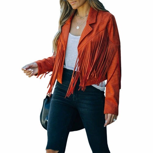 Fringed Hem Tassel Cardigan Crop Tops Motor Biker Jacket Suede Leather - Horizon Bliss