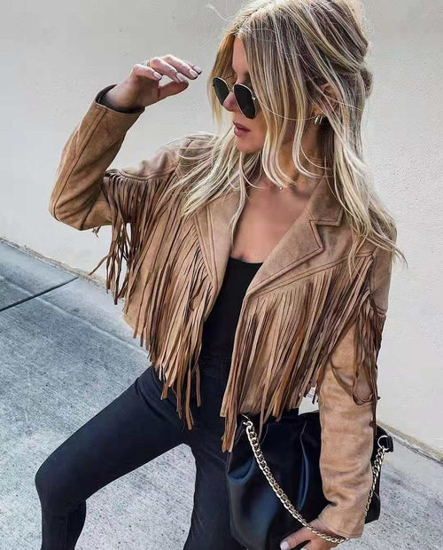 Fringed Hem Tassel Cardigan Crop Tops Motor Biker Jacket Suede Leather - Horizon Bliss